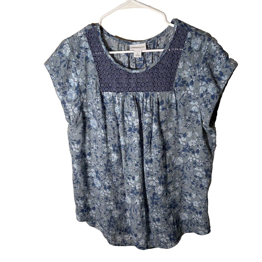 Liz Claiborne Blouse Women's Large Lace V-Neck Short Sleeve Floral Top